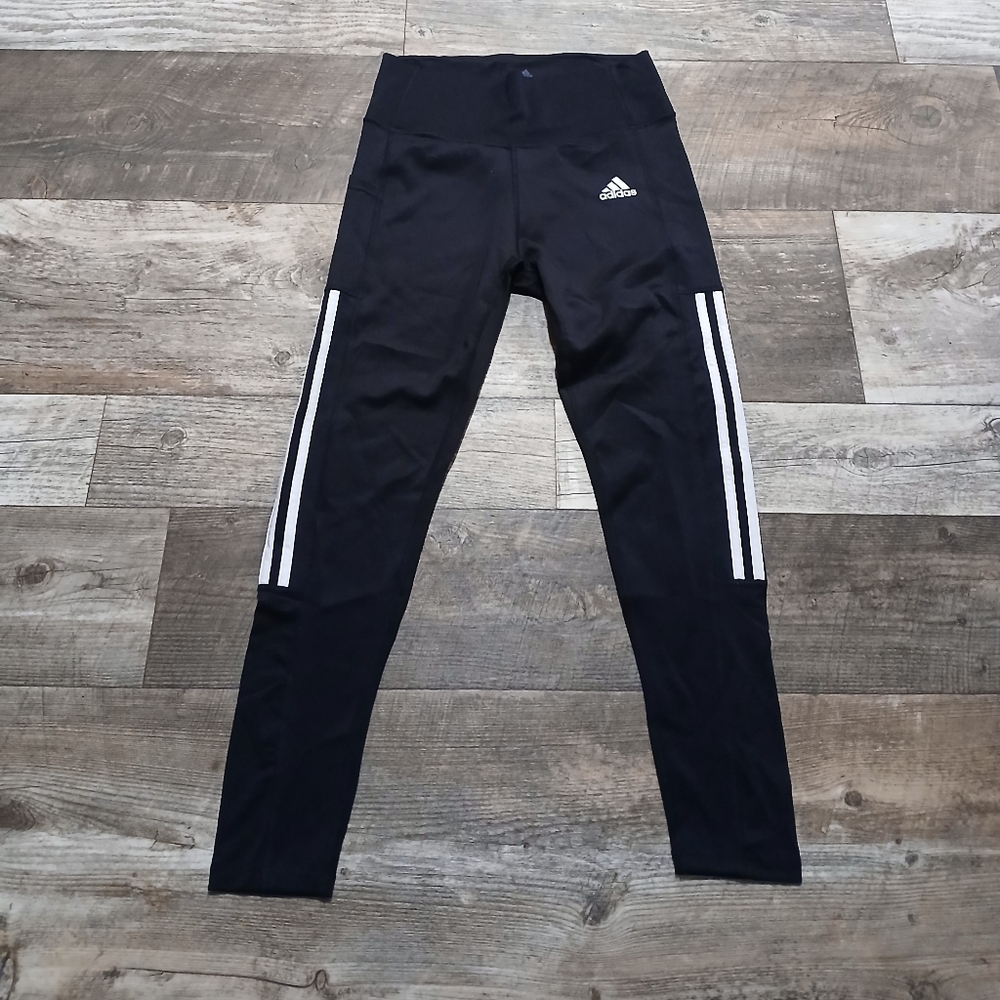 Adidas Black Womens Leggings with White Logo and Side Stripes - Picture 2 of 5